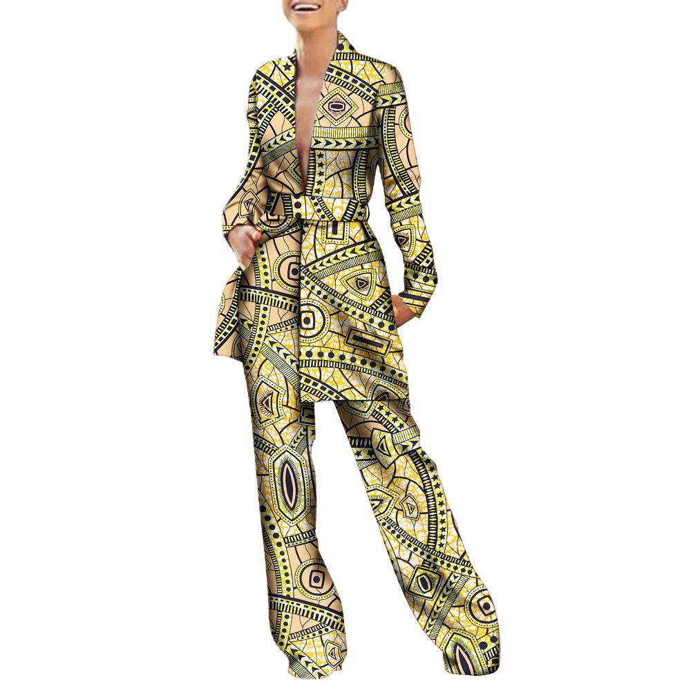 Women’s African Fashion Outfit – Ankara Trench Coat and Long Pants Set - Free Delivery Worldwide only at Flexi Africa