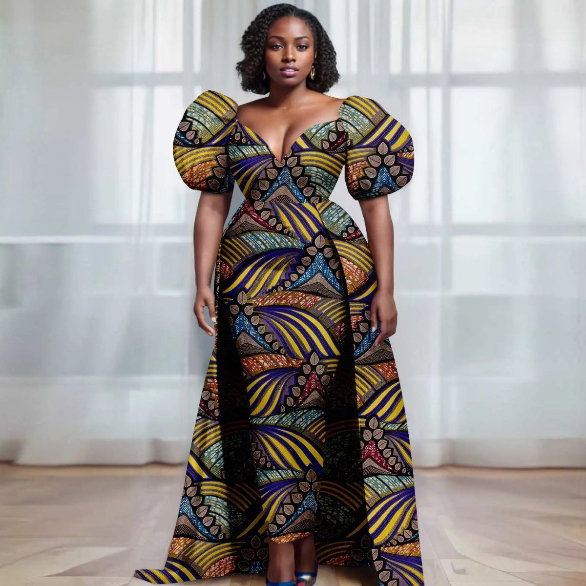 Women’s Ankara V - Neck Dress – Bubble Sleeve African Print with Layered Back Hem - Free Delivery Worldwide only at Flexi Africa