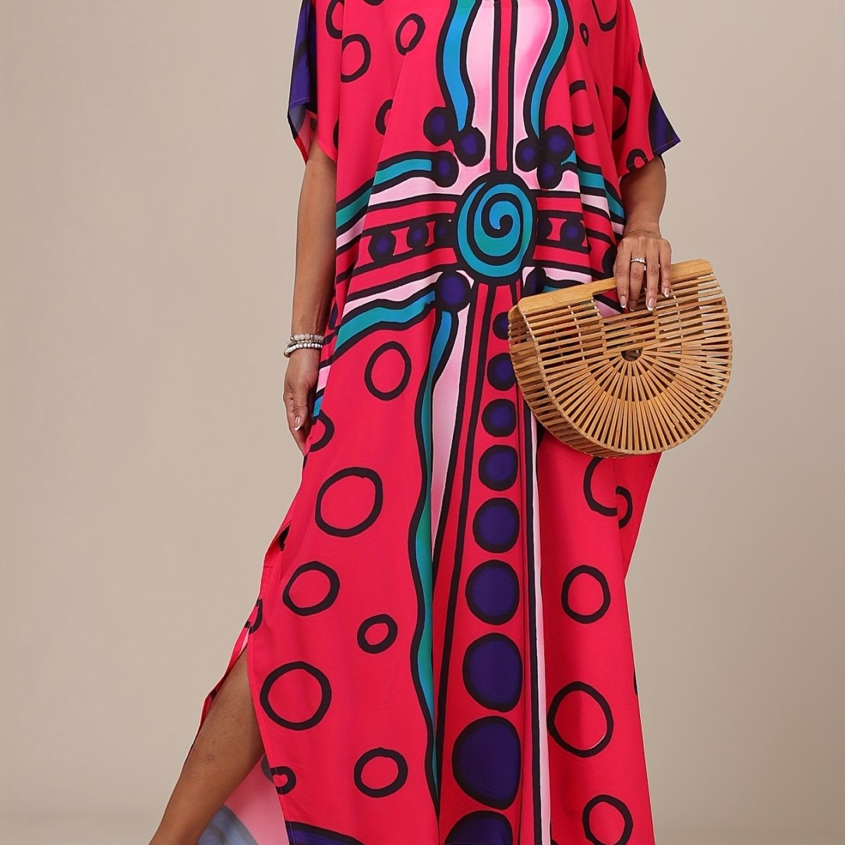 Elevate your beach or casual look with this colorful geometric print Boho Kaftan Dress! Perfect as a beach coverup