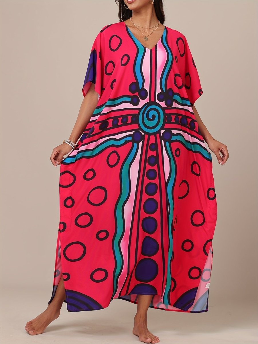 Elevate your beach or casual look with this colorful geometric print Boho Kaftan Dress! Perfect as a beach coverup