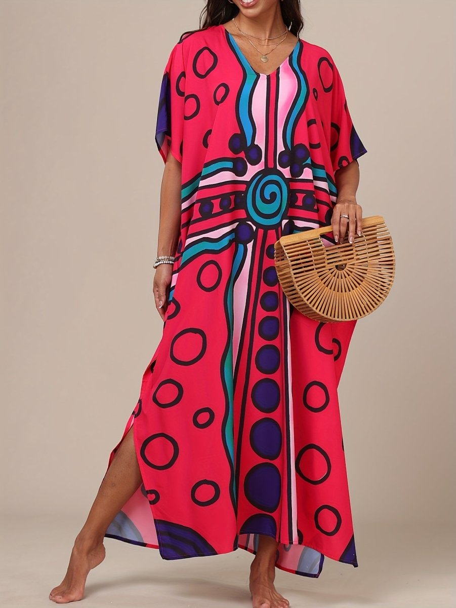 Elevate your beach or casual look with this colorful geometric print Boho Kaftan Dress! Perfect as a beach coverup