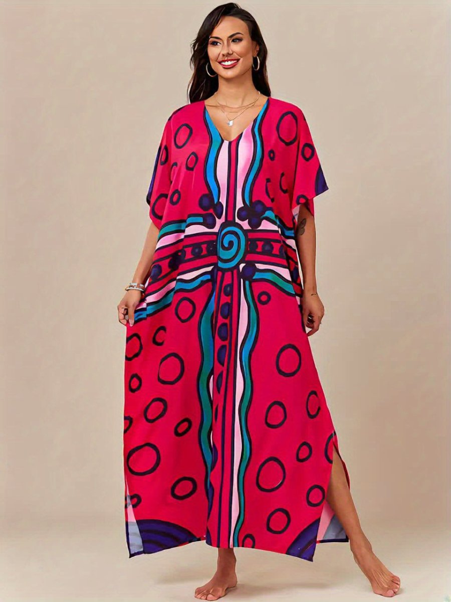 Elevate your beach or casual look with this colorful geometric print Boho Kaftan Dress! Perfect as a beach coverup
