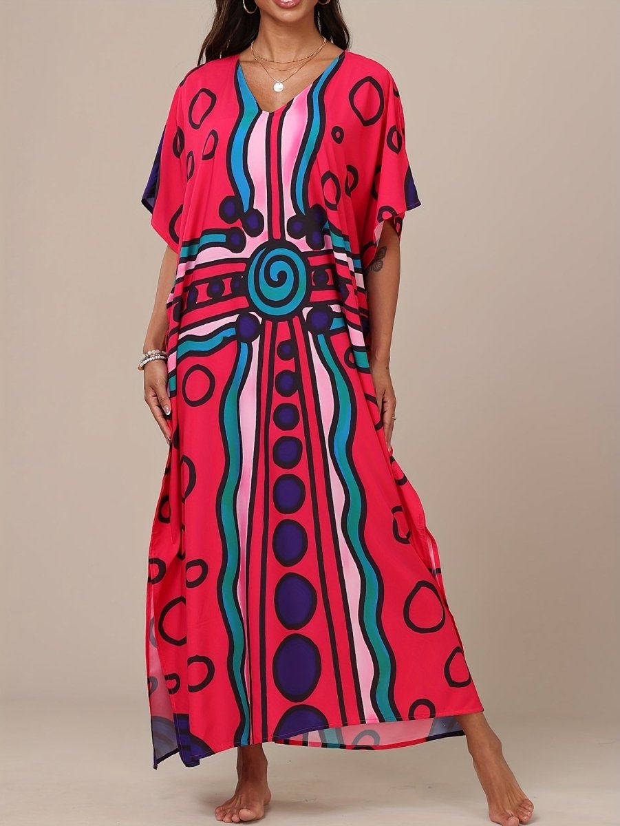 Elevate your beach or casual look with this colorful geometric print Boho Kaftan Dress! Perfect as a beach coverup