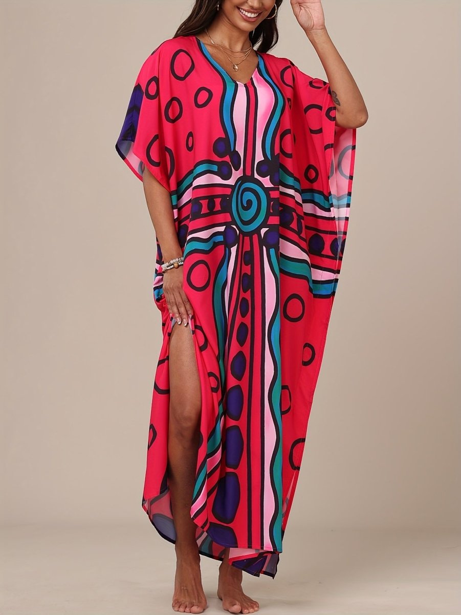 Elevate your beach or casual look with this colorful geometric print Boho Kaftan Dress! Perfect as a beach coverup