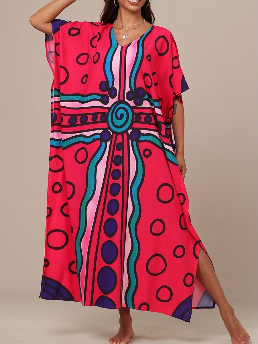Elevate your beach or casual look with this colorful geometric print Boho Kaftan Dress! Perfect as a beach coverup