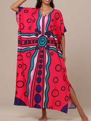 Elevate your beach or casual look with this colorful geometric print Boho Kaftan Dress! Perfect as a beach coverup