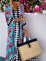 Women's Elegant V - Neck Geometric Print Maxi Dress - Loose Fit Beach Vacation Dress with Short Sleeves