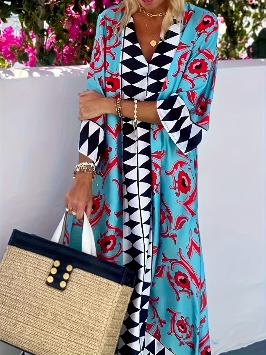 Women's Elegant V - Neck Geometric Print Maxi Dress - Loose Fit Beach Vacation Dress with Short Sleeves