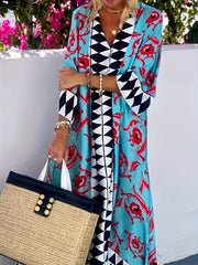 Women's Elegant V - Neck Geometric Print Maxi Dress - Loose Fit Beach Vacation Dress with Short Sleeves