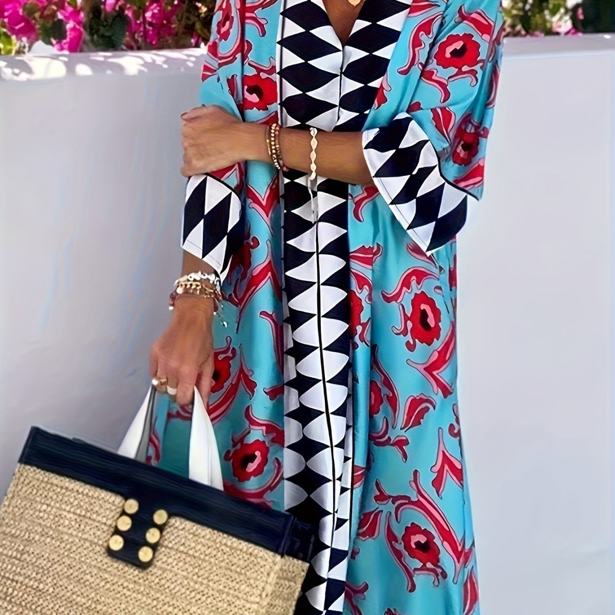 Women's Elegant V - Neck Geometric Print Maxi Dress - Loose Fit Beach Vacation Dress with Short Sleeves