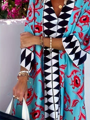 Women's Elegant V - Neck Geometric Print Maxi Dress - Loose Fit Beach Vacation Dress with Short Sleeves