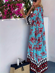 Women's Elegant V - Neck Geometric Print Maxi Dress - Loose Fit Beach Vacation Dress with Short Sleeves