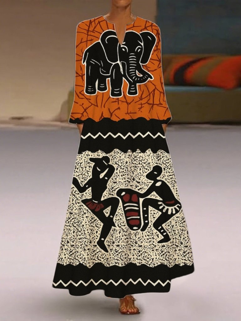 Women’s Long Sleeve V - Neck African Maxi Dress – Elegant Party & Everyday Wear - Free Delivery Worldwide only at Flexi Africa