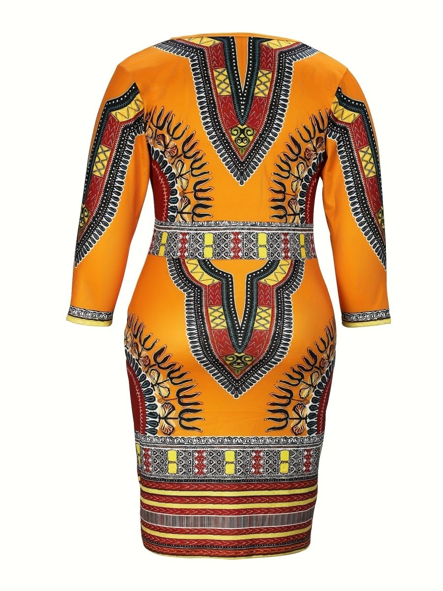 Women's Plus Size Elegant Dress, V - Neck, Stretch Polyester Fabric, Printed Pattern, All - Season, Knit Construction, Fitted Style - Free Delivery Worldwide only at Flexi Africa