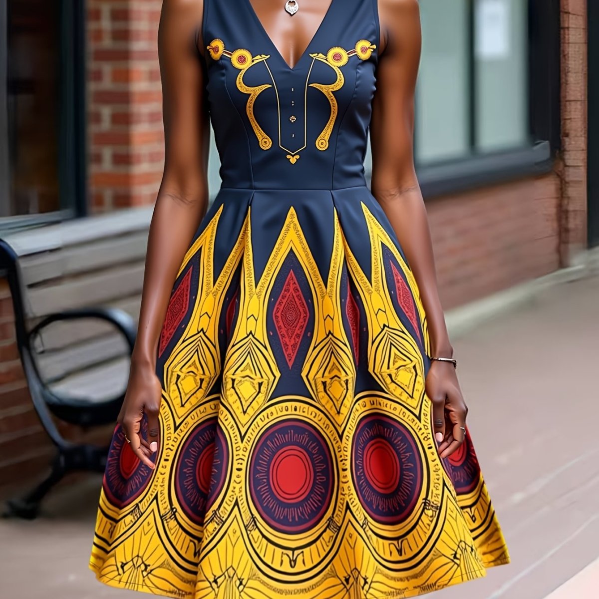Women'S Vibrant Geometric Print Sleeveless V - Neck Dress - Polyester, Non - Stretch, All - Season Fashion, Casual Street Style, Casual Attire | Vibrant Print Dress | Polyester Dress - Free Delivery Worldwide only at Flexi Africa