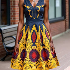 Women'S Vibrant Geometric Print Sleeveless V - Neck Dress - Polyester, Non - Stretch, All - Season Fashion, Casual Street Style, Casual Attire | Vibrant Print Dress | Polyester Dress - Free Delivery Worldwide only at Flexi Africa