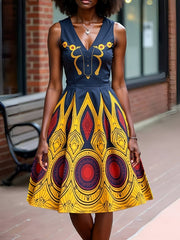 Women'S Vibrant Geometric Print Sleeveless V - Neck Dress - Polyester, Non - Stretch, All - Season Fashion, Casual Street Style, Casual Attire | Vibrant Print Dress | Polyester Dress - Free Delivery Worldwide only at Flexi Africa