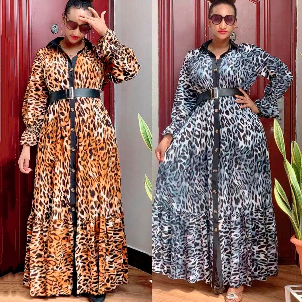 Wild Safari Chic: Plus Size African Print Leopard Maxi Dress with Fashion Abaya - Flexi Africa - Flexi Africa offers Free Delivery Worldwide - Vibrant African traditional clothing showcasing bold prints and intricate designs