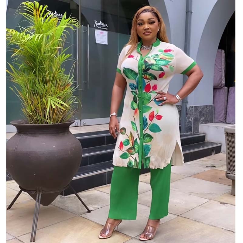 Stylish African Printed Chiffon Shirt and Pencil Pants Set - Perfect for Casual Occasions - Flexi Africa - Flexi Africa offers Free Delivery Worldwide - Vibrant African traditional clothing showcasing bold prints and intricate designs