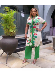 Stylish African Printed Chiffon Shirt and Pencil Pants Set - Perfect for Casual Occasions - Flexi Africa - Flexi Africa offers Free Delivery Worldwide - Vibrant African traditional clothing showcasing bold prints and intricate designs